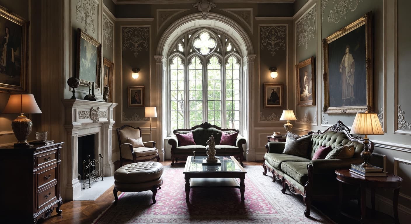 Gothic Revival meditation space interior design - featuring gothic revival style furniture, decor, colors, and layout ideas for your meditation space