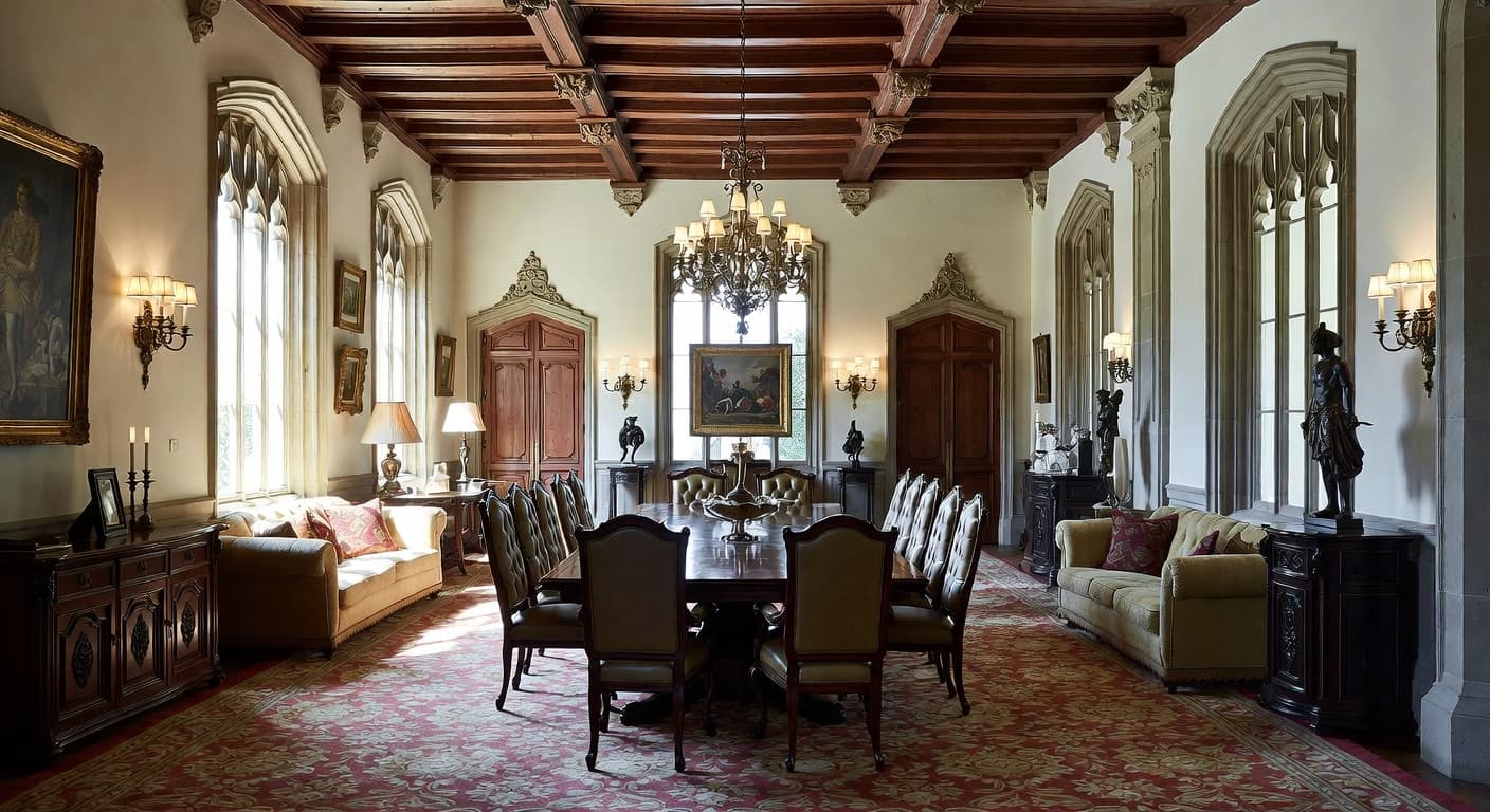 Gothic Revival multi-purpose room interior design - featuring gothic revival style furniture, decor, colors, and layout ideas for your multi-purpose room