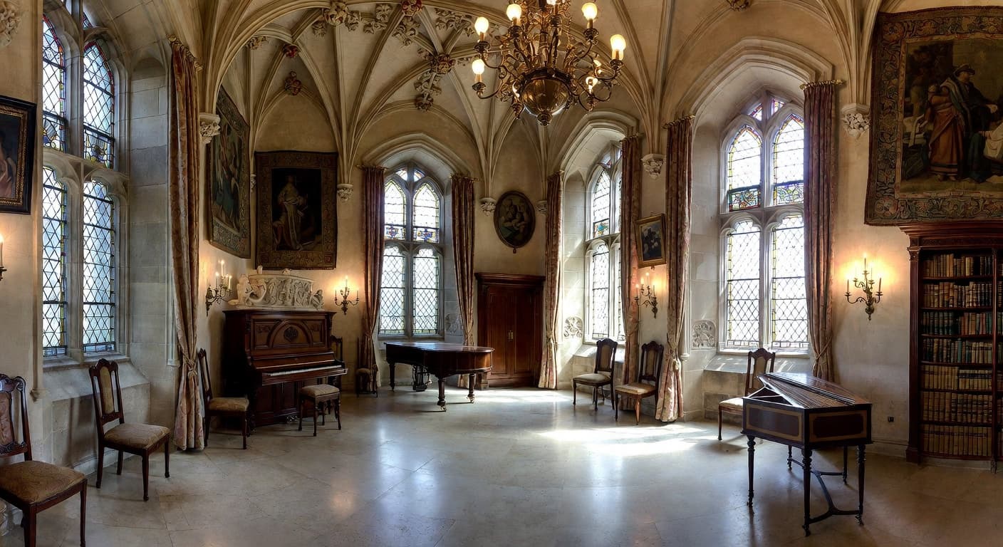 Gothic Revival music room interior design - featuring gothic revival style furniture, decor, colors, and layout ideas for your music room