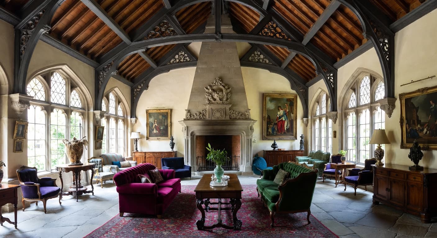 Gothic Revival outdoor space interior design - featuring gothic revival style furniture, decor, colors, and layout ideas for your outdoor space