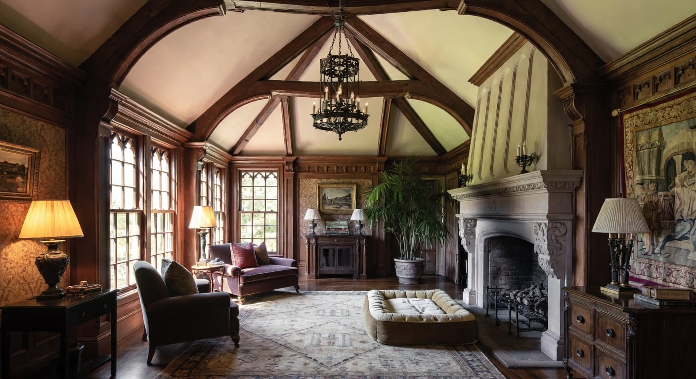 Gothic Revival pet room interior design - featuring gothic revival style furniture, decor, colors, and layout ideas for your pet room