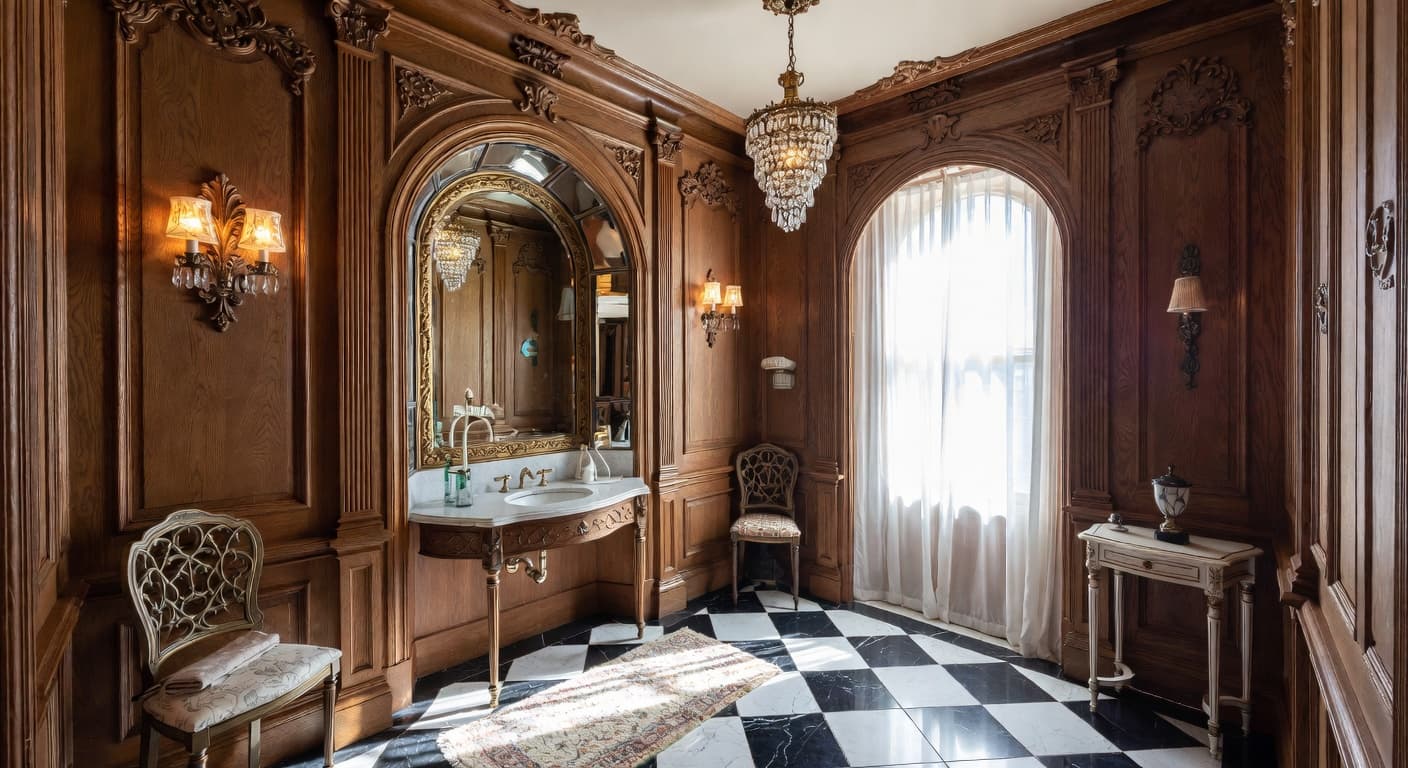 Gothic Revival powder room interior design - featuring gothic revival style furniture, decor, colors, and layout ideas for your powder room