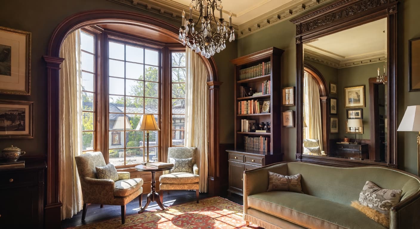 Gothic Revival reading nook interior design - featuring gothic revival style furniture, decor, colors, and layout ideas for your reading nook