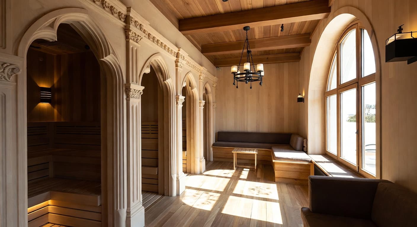 Gothic Revival sauna / spa room interior design - featuring gothic revival style furniture, decor, colors, and layout ideas for your sauna / spa room