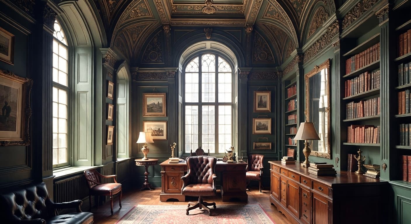 Gothic Revival workshop interior design - featuring gothic revival style furniture, decor, colors, and layout ideas for your workshop