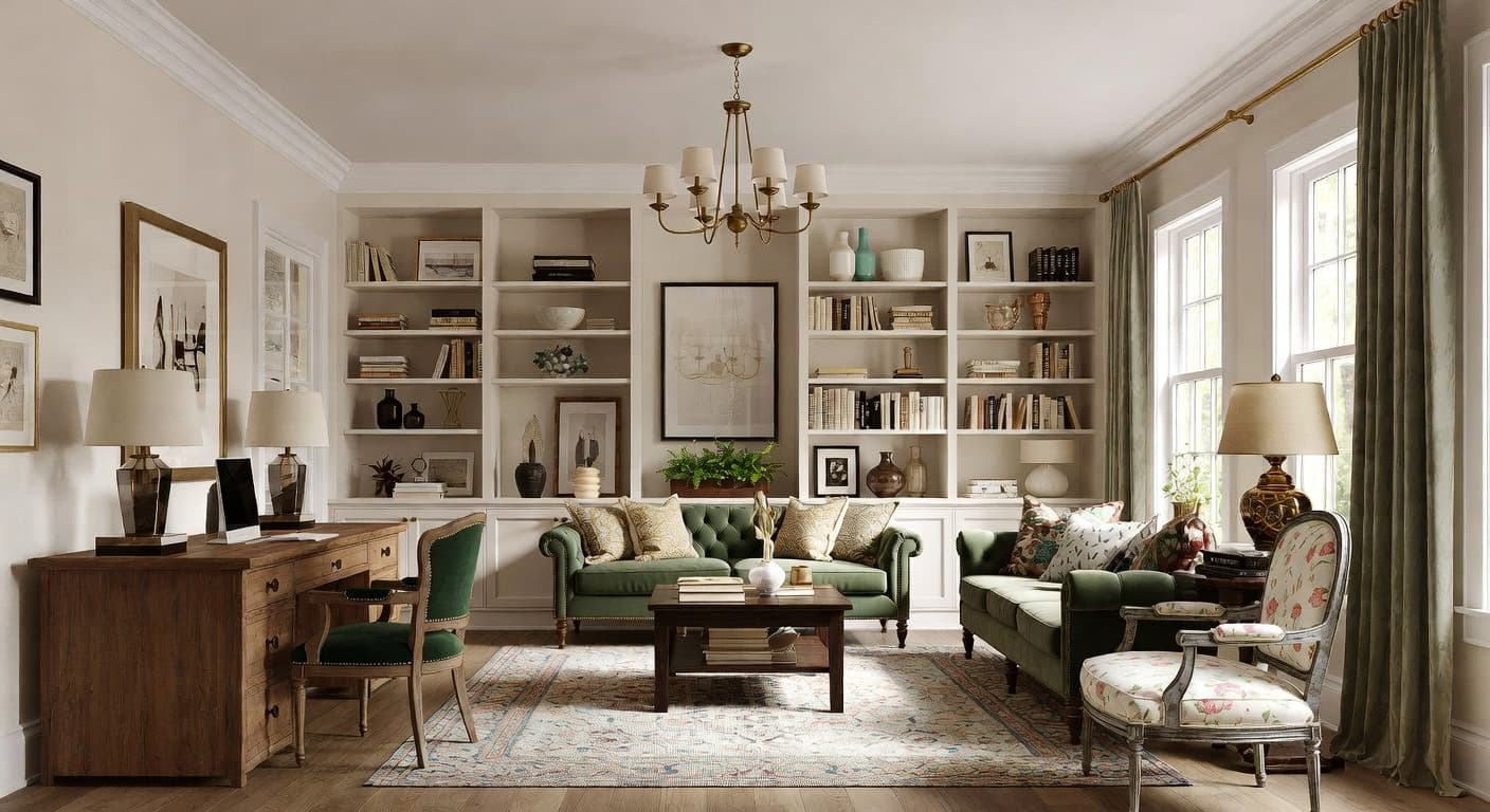 Grandmillennial craft room / studio interior design - featuring grandmillennial style furniture, decor, colors, and layout ideas for your craft room / studio