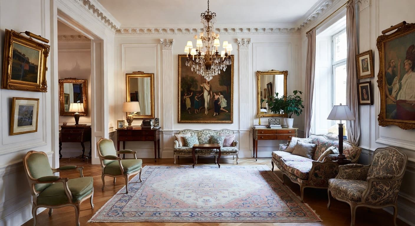 Grandmillennial gallery / art display interior design - featuring grandmillennial style furniture, decor, colors, and layout ideas for your gallery / art display