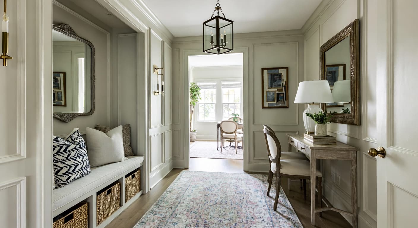 Grandmillennial mudroom interior design - featuring grandmillennial style furniture, decor, colors, and layout ideas for your mudroom