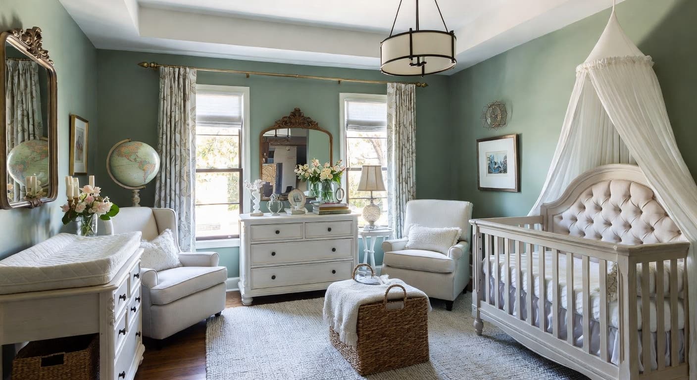 Grandmillennial nursery interior design - featuring grandmillennial style furniture, decor, colors, and layout ideas for your nursery