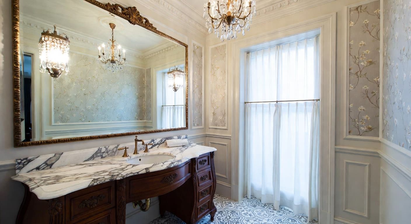 Grandmillennial powder room interior design - featuring grandmillennial style furniture, decor, colors, and layout ideas for your powder room