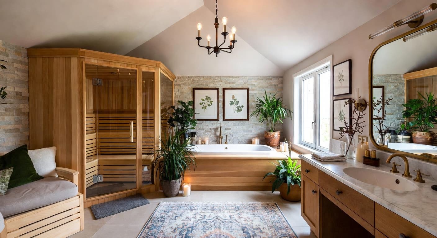 Grandmillennial sauna / spa room interior design - featuring grandmillennial style furniture, decor, colors, and layout ideas for your sauna / spa room