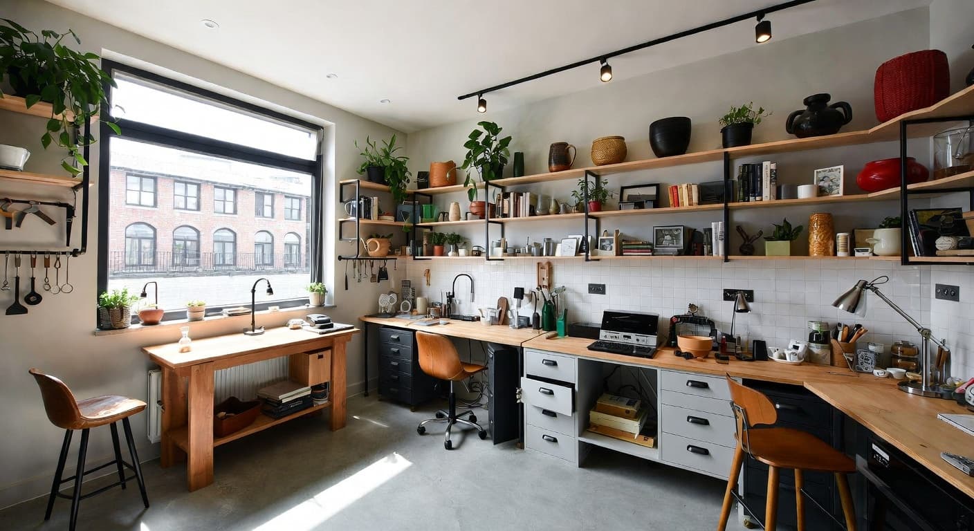 Grandmillennial workshop interior design - featuring grandmillennial style furniture, decor, colors, and layout ideas for your workshop