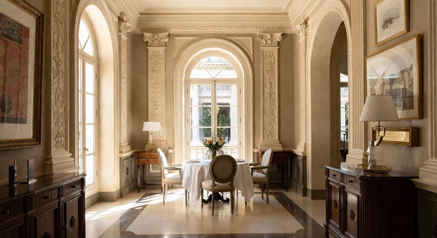 Greco-Roman breakfast nook interior design - featuring greco-roman style furniture, decor, colors, and layout ideas for your breakfast nook