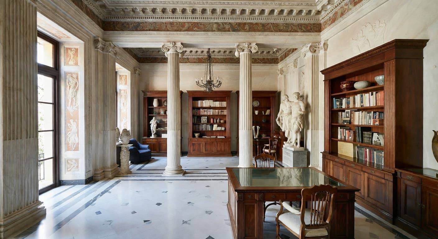 Greco-Roman craft room / studio interior design - featuring greco-roman style furniture, decor, colors, and layout ideas for your craft room / studio