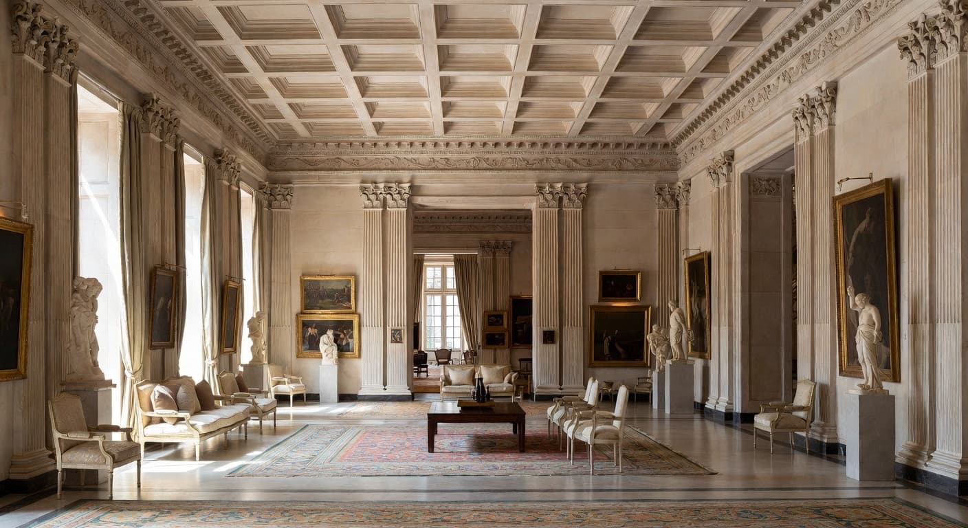 Greco-Roman gallery / art display interior design - featuring greco-roman style furniture, decor, colors, and layout ideas for your gallery / art display