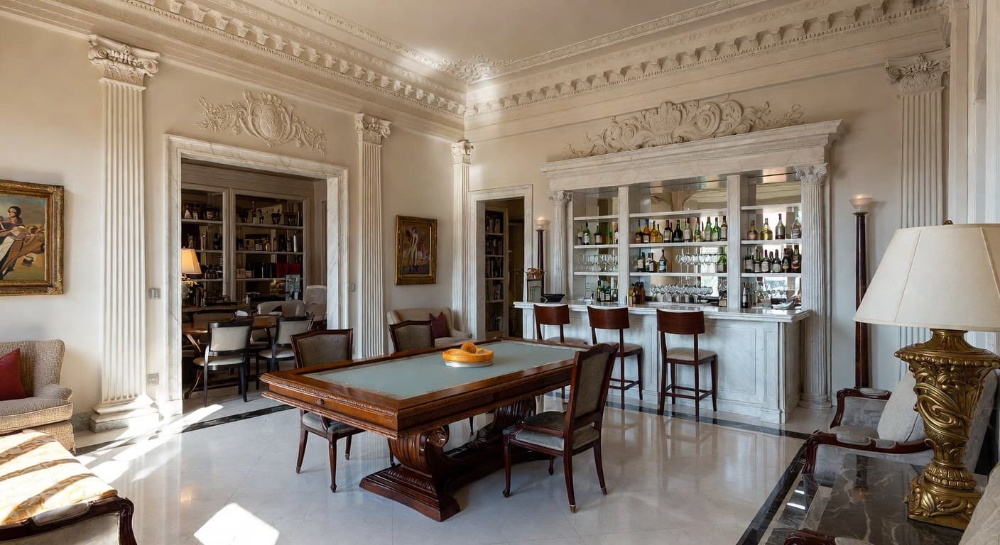 Greco-Roman game room interior design - featuring greco-roman style furniture, decor, colors, and layout ideas for your game room