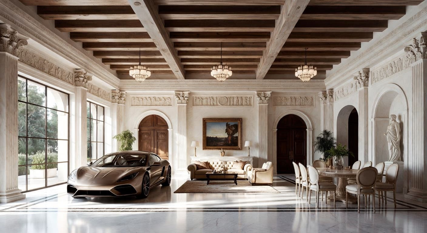 Greco-Roman garage interior interior design - featuring greco-roman style furniture, decor, colors, and layout ideas for your garage interior