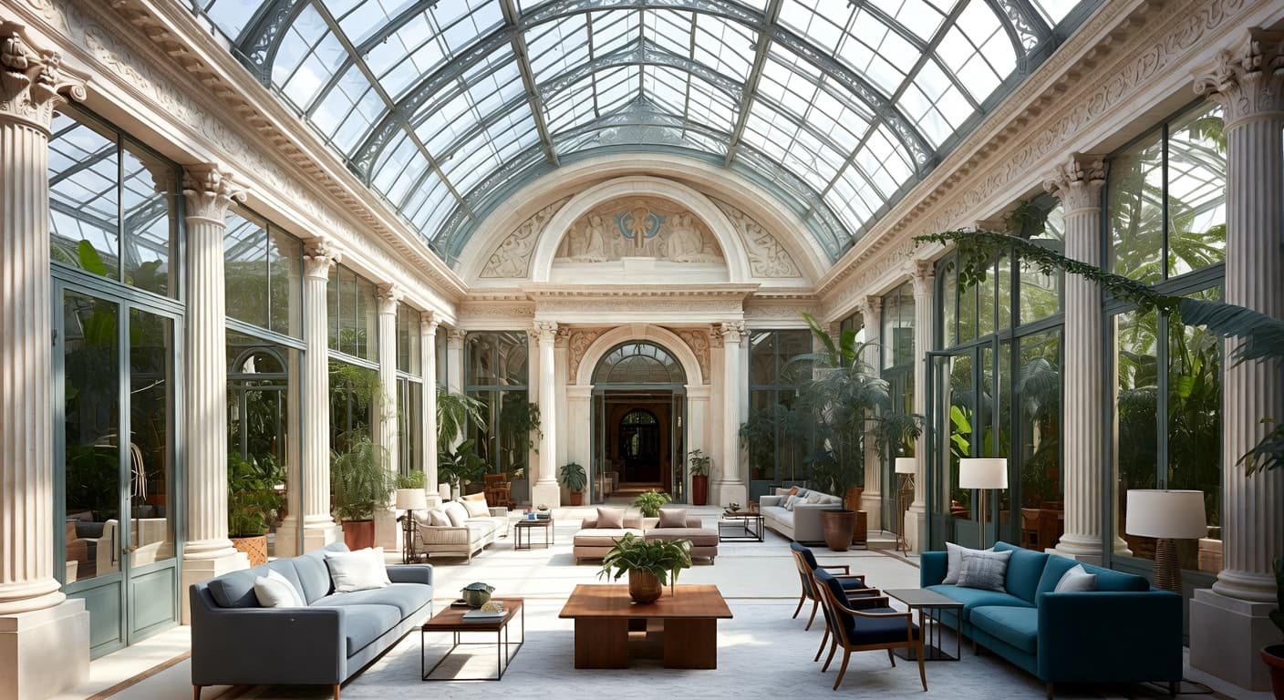 Greco-Roman greenhouse interior design - featuring greco-roman style furniture, decor, colors, and layout ideas for your greenhouse