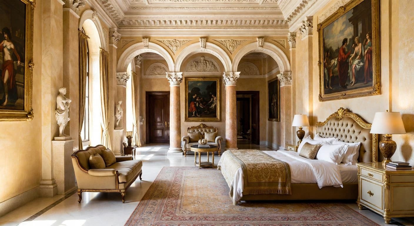 Greco-Roman guest room interior design - featuring greco-roman style furniture, decor, colors, and layout ideas for your guest room