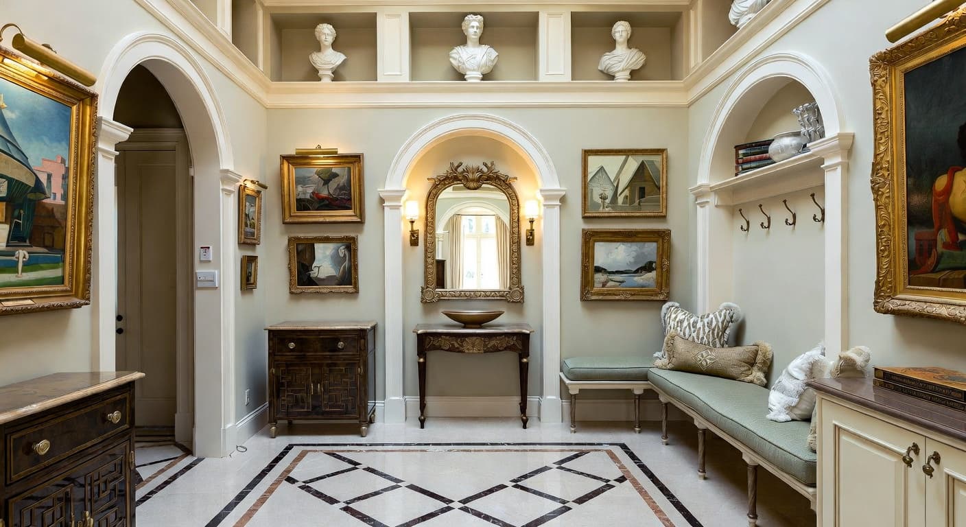 Greco-Roman mudroom interior design - featuring greco-roman style furniture, decor, colors, and layout ideas for your mudroom