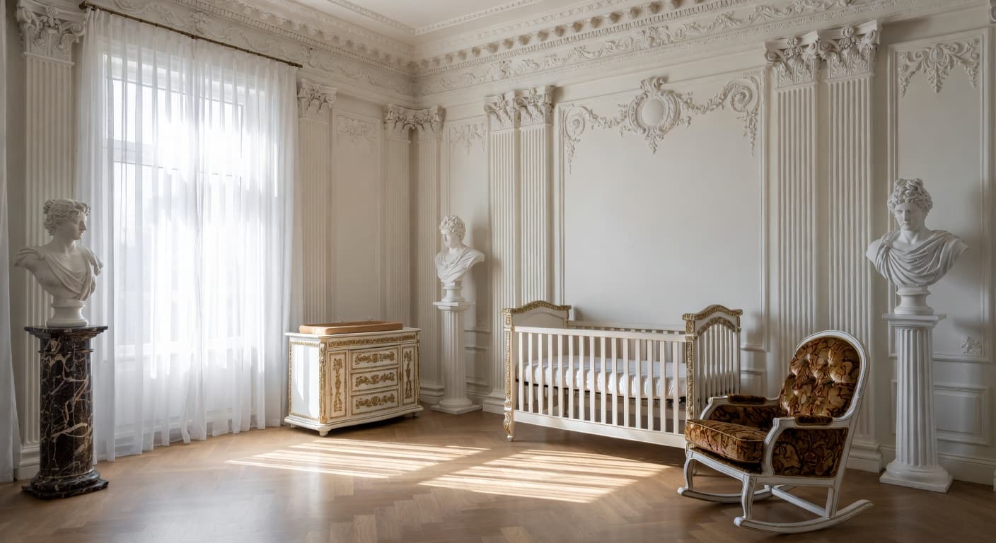 Greco-Roman nursery interior design - featuring greco-roman style furniture, decor, colors, and layout ideas for your nursery
