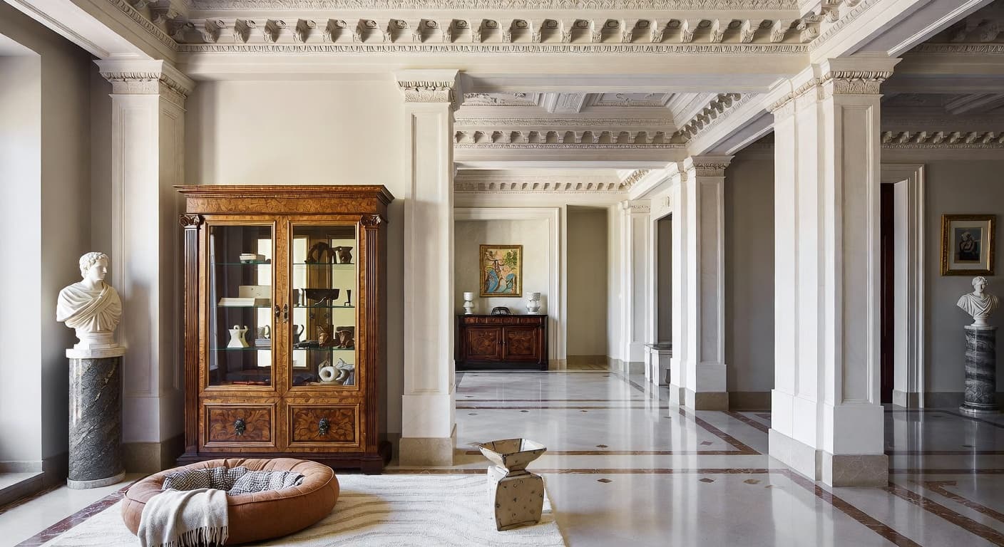 Greco-Roman pet room interior design - featuring greco-roman style furniture, decor, colors, and layout ideas for your pet room