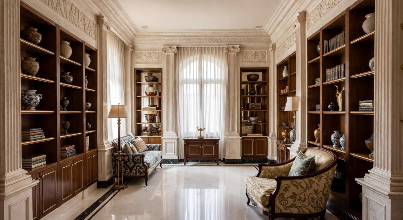 Greco-Roman storage room interior design - featuring greco-roman style furniture, decor, colors, and layout ideas for your storage room