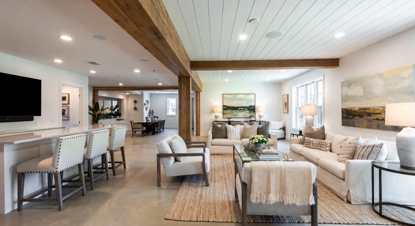 Hamptons basement interior design - featuring hamptons style furniture, decor, colors, and layout ideas for your basement