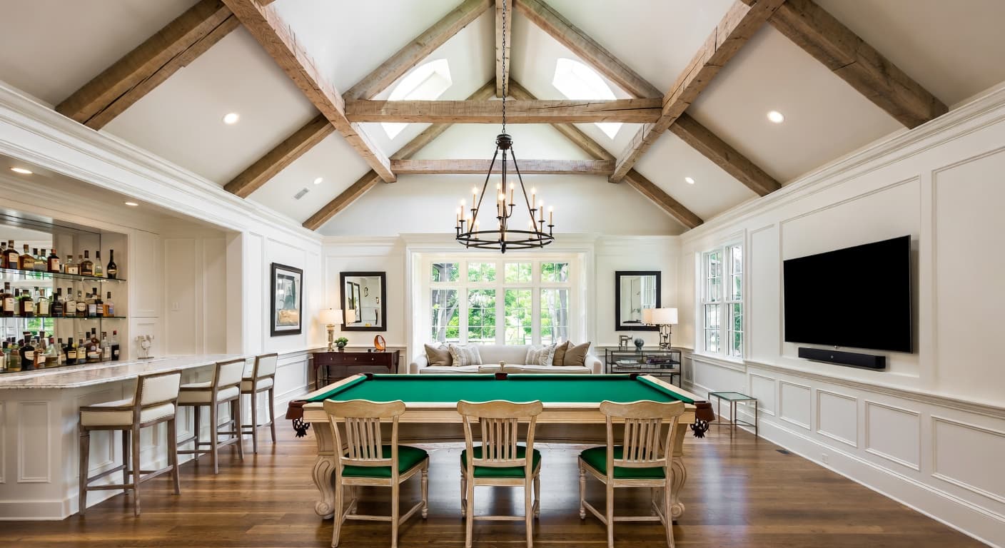 Hamptons billiards room interior design - featuring hamptons style furniture, decor, colors, and layout ideas for your billiards room