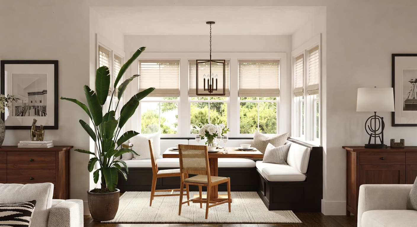 Hamptons breakfast nook interior design - featuring hamptons style furniture, decor, colors, and layout ideas for your breakfast nook