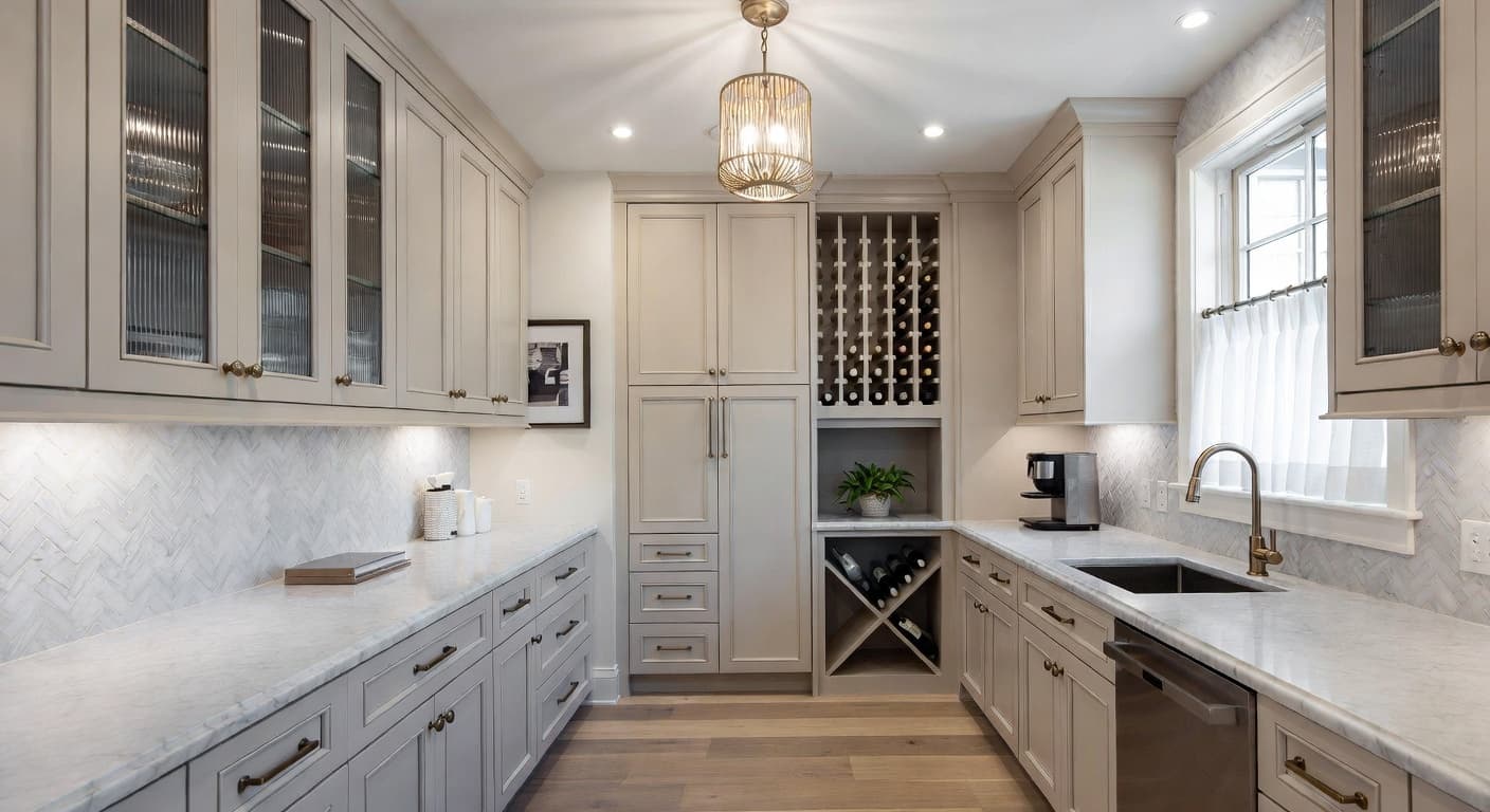 Hamptons butler's pantry interior design - featuring hamptons style furniture, decor, colors, and layout ideas for your butler's pantry