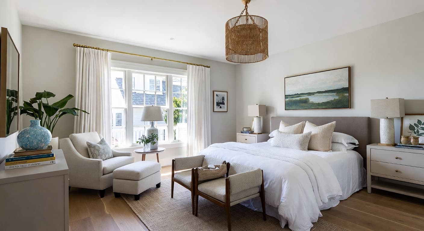 Hamptons guest room interior design - featuring hamptons style furniture, decor, colors, and layout ideas for your guest room