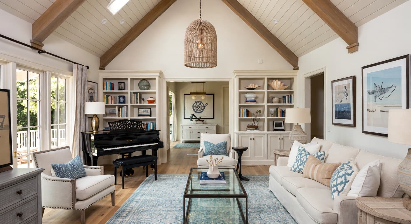 Hamptons music room interior design - featuring hamptons style furniture, decor, colors, and layout ideas for your music room