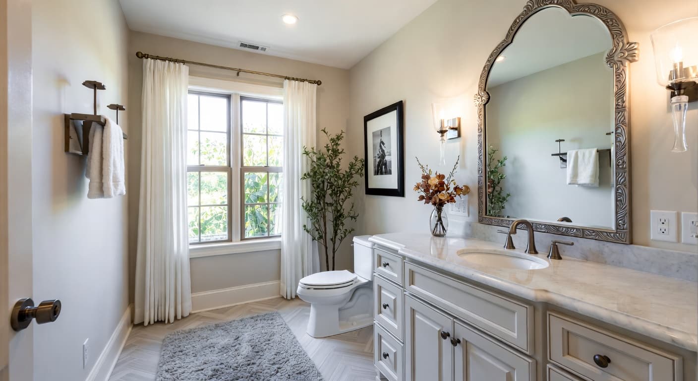 Hamptons powder room interior design - featuring hamptons style furniture, decor, colors, and layout ideas for your powder room