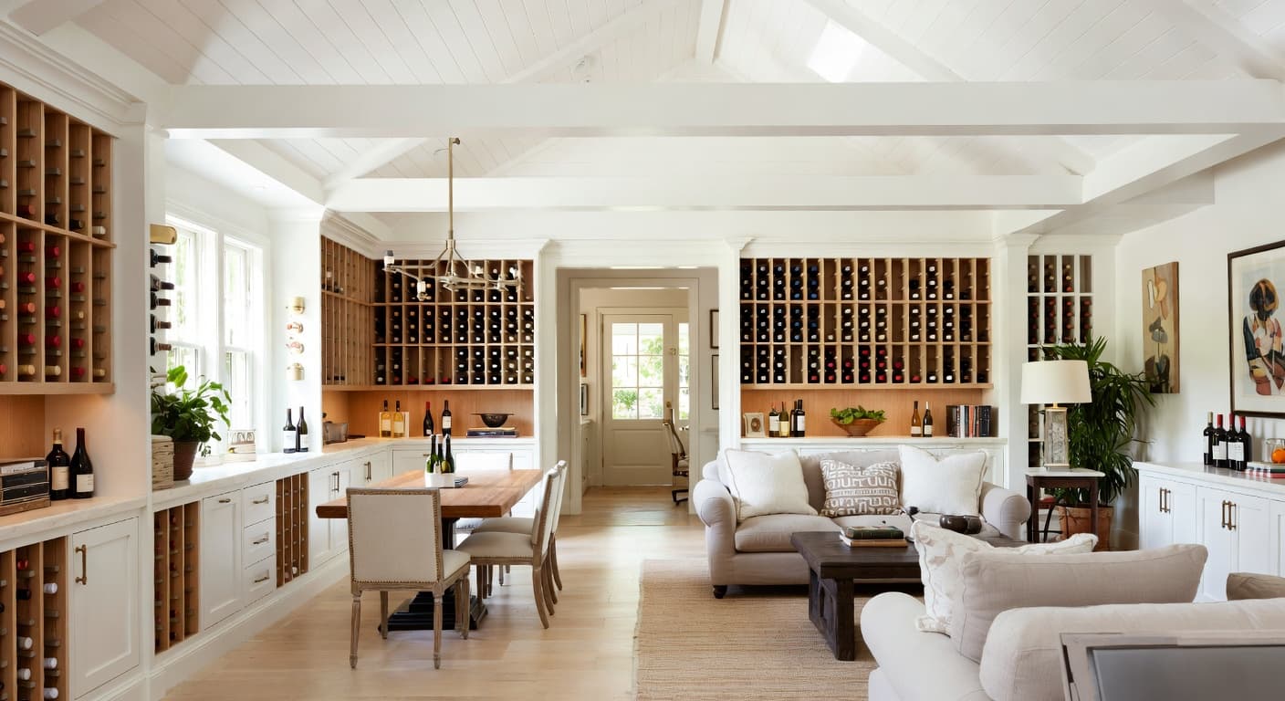 Hamptons wine cellar interior design - featuring hamptons style furniture, decor, colors, and layout ideas for your wine cellar