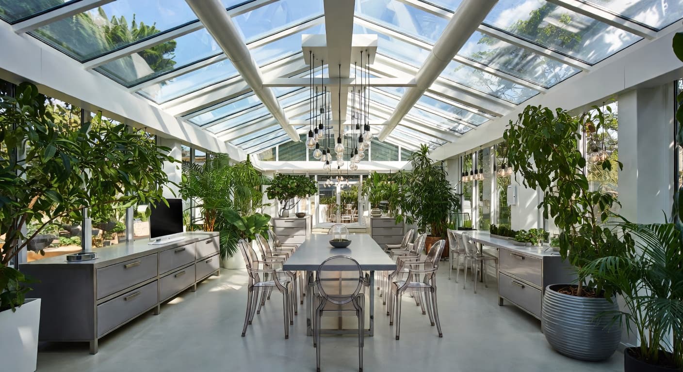 High-Tech greenhouse interior design - featuring high-tech style furniture, decor, colors, and layout ideas for your greenhouse