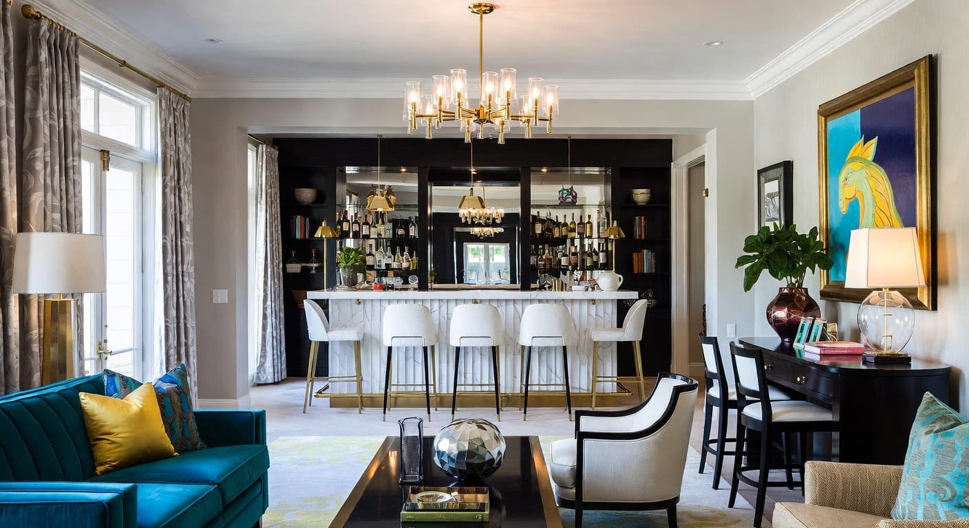 Hollywood Regency bar room interior design - featuring hollywood regency style furniture, decor, colors, and layout ideas for your bar room
