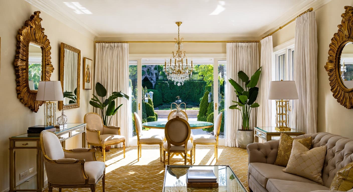 Hollywood Regency breakfast nook interior design - featuring hollywood regency style furniture, decor, colors, and layout ideas for your breakfast nook