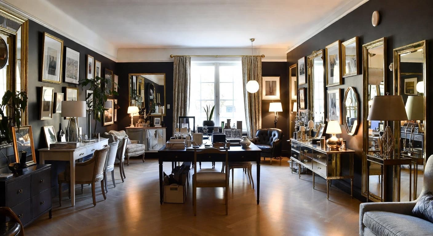 Hollywood Regency craft room / studio interior design - featuring hollywood regency style furniture, decor, colors, and layout ideas for your craft room / studio