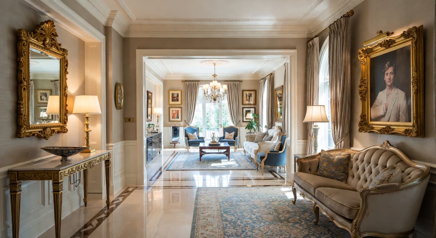 Hollywood Regency entryway interior design - featuring hollywood regency style furniture, decor, colors, and layout ideas for your entryway