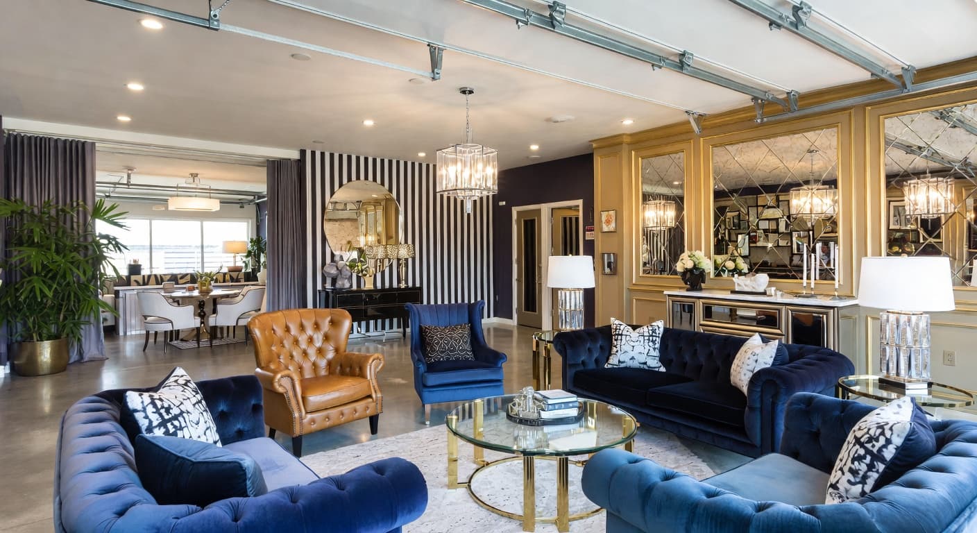 Hollywood Regency garage interior interior design - featuring hollywood regency style furniture, decor, colors, and layout ideas for your garage interior