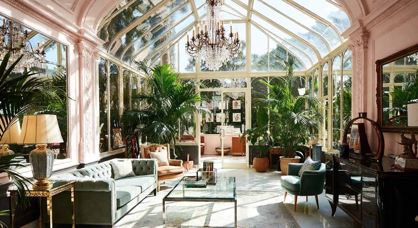 Hollywood Regency greenhouse interior design - featuring hollywood regency style furniture, decor, colors, and layout ideas for your greenhouse