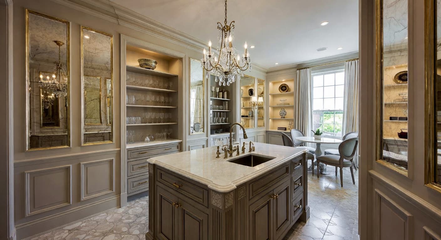 Hollywood Regency pantry interior design - featuring hollywood regency style furniture, decor, colors, and layout ideas for your pantry