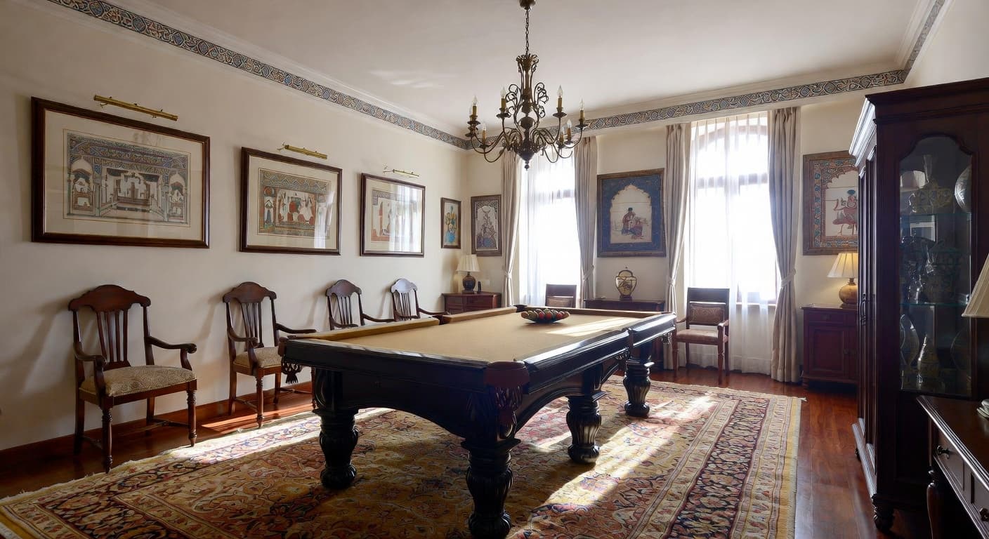 Indian billiards room interior design - featuring indian style furniture, decor, colors, and layout ideas for your billiards room