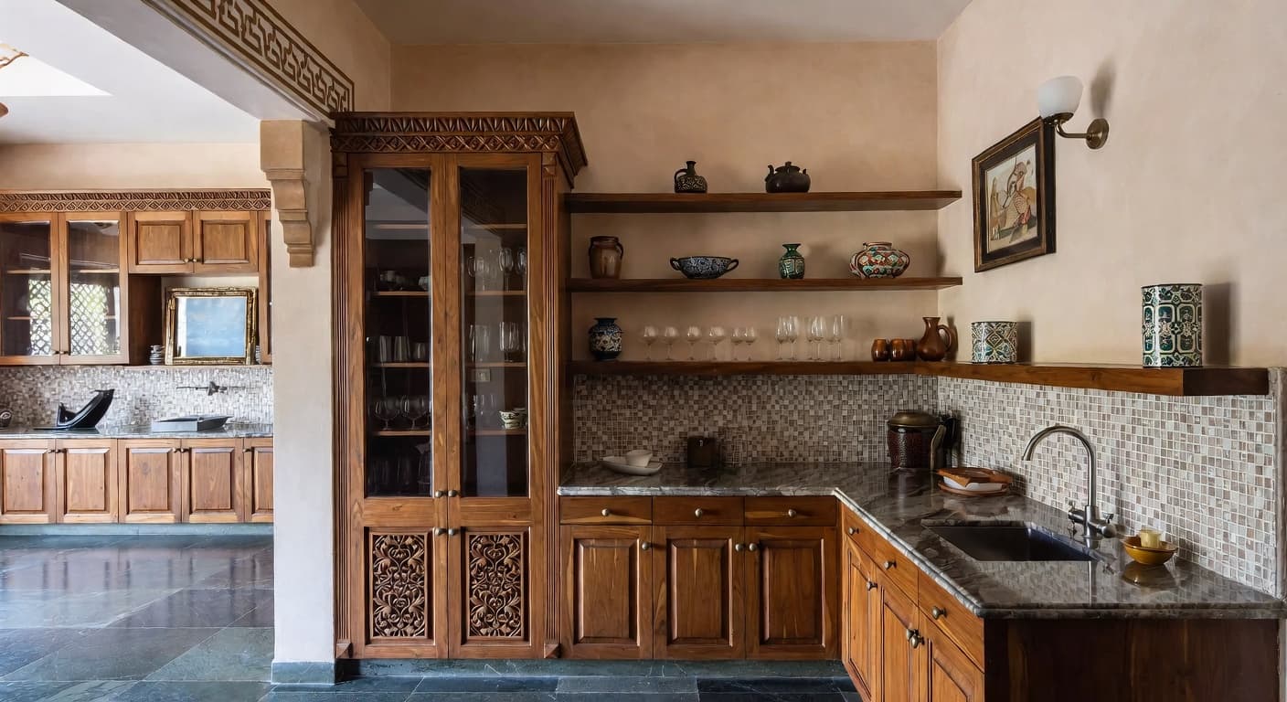 Indian butler's pantry interior design - featuring indian style furniture, decor, colors, and layout ideas for your butler's pantry
