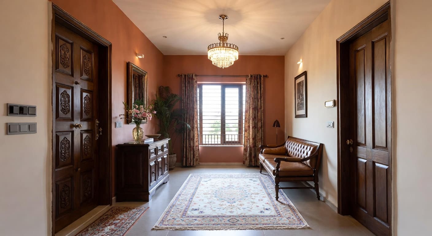 Indian entryway interior design - featuring indian style furniture, decor, colors, and layout ideas for your entryway