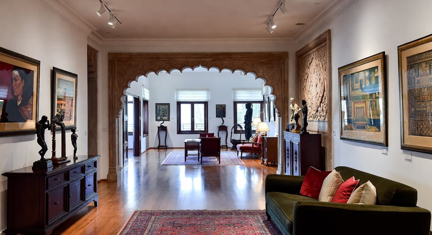 Indian gallery / art display interior design - featuring indian style furniture, decor, colors, and layout ideas for your gallery / art display