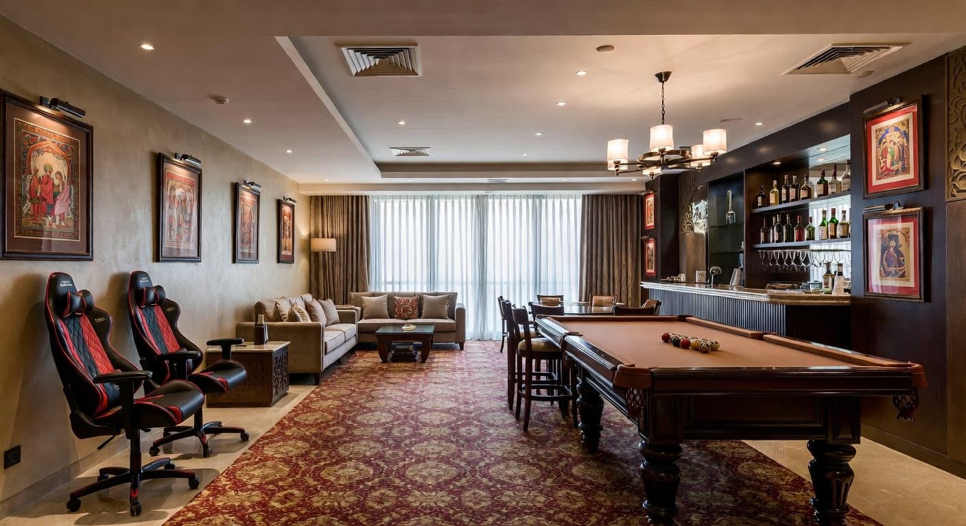 Indian game room interior design - featuring indian style furniture, decor, colors, and layout ideas for your game room