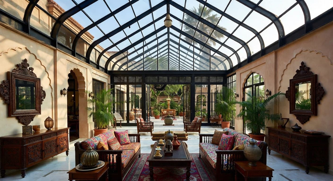 Indian greenhouse interior design - featuring indian style furniture, decor, colors, and layout ideas for your greenhouse