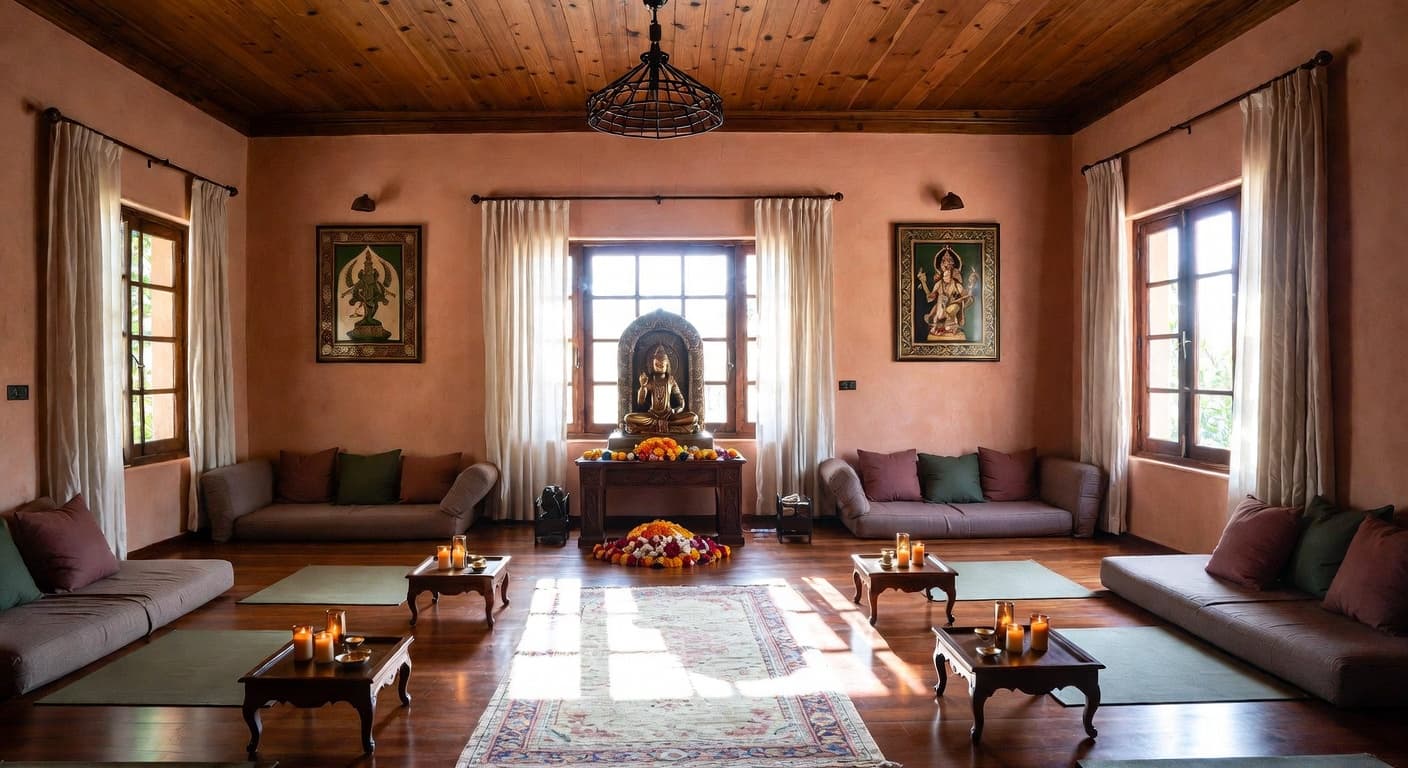 Indian meditation space interior design - featuring indian style furniture, decor, colors, and layout ideas for your meditation space